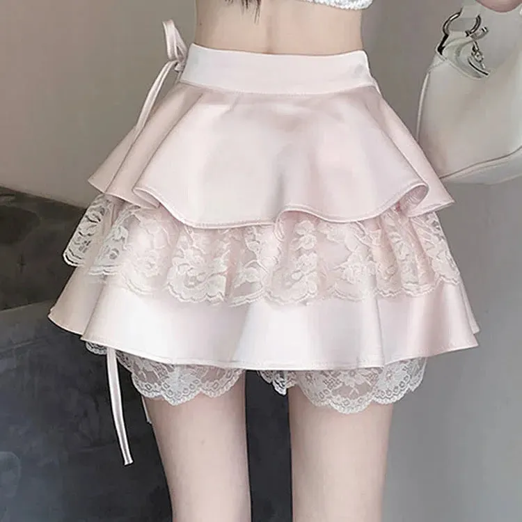 Chic High Waist Layered Lace Stitching Mini Skirt