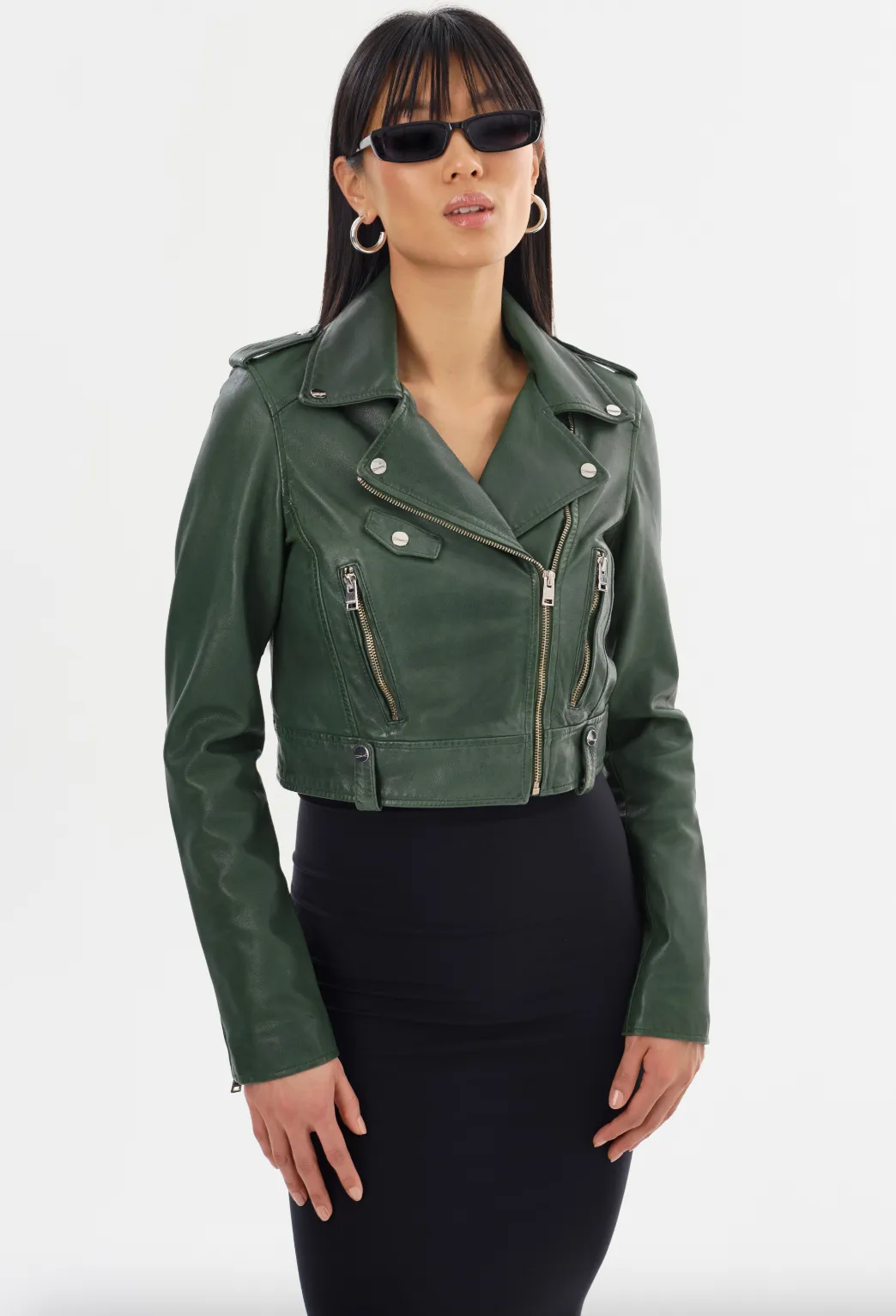 Ciara Leather Crop Moto Jacket - Alpine Green