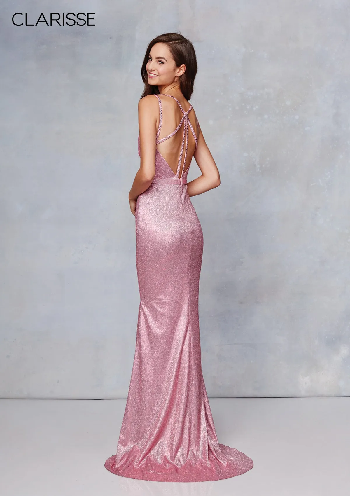 CLARISSE 3766 Pink Shimmer V-Neck Dress with High Slit - Size 2