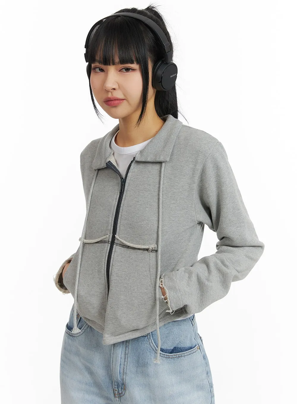 Collar Solid Drawstring Pocket Jacket CM407