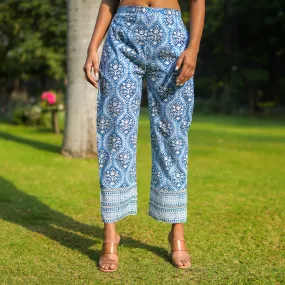 Cotton Blue Pants for Women | Straight Pants | Block Printed