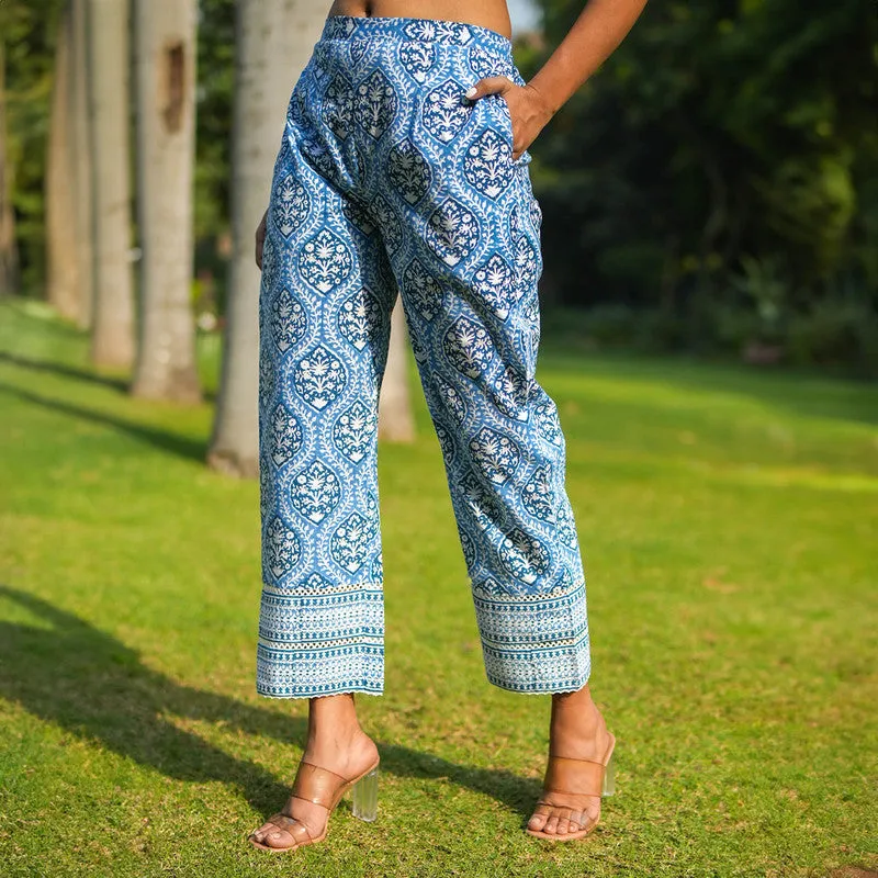 Cotton Blue Pants for Women | Straight Pants | Block Printed