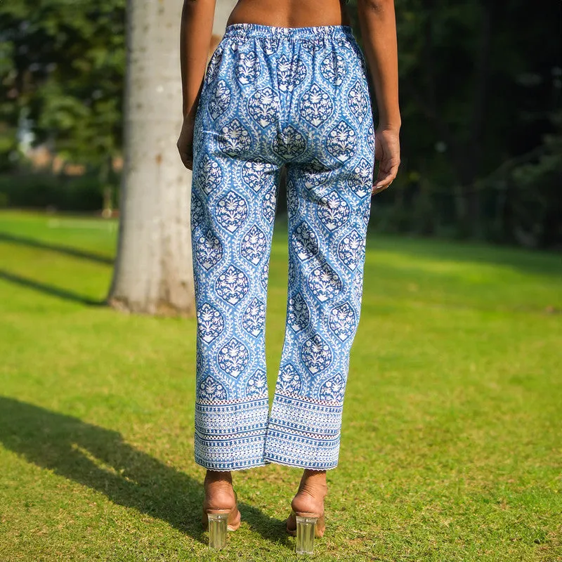 Cotton Blue Pants for Women | Straight Pants | Block Printed