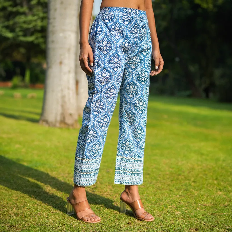 Cotton Blue Pants for Women | Straight Pants | Block Printed