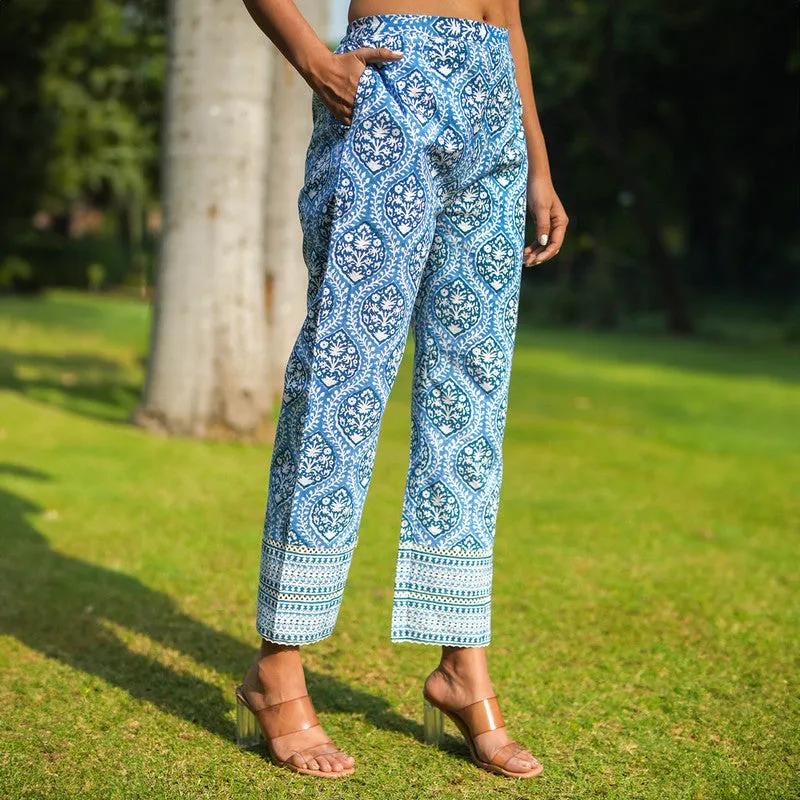 Cotton Blue Pants for Women | Straight Pants | Block Printed