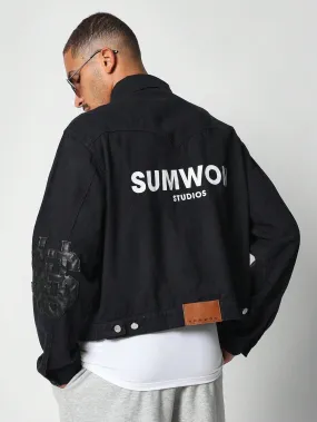 Cropped Twill Jacket With PU Trucker And Back Graphic Print