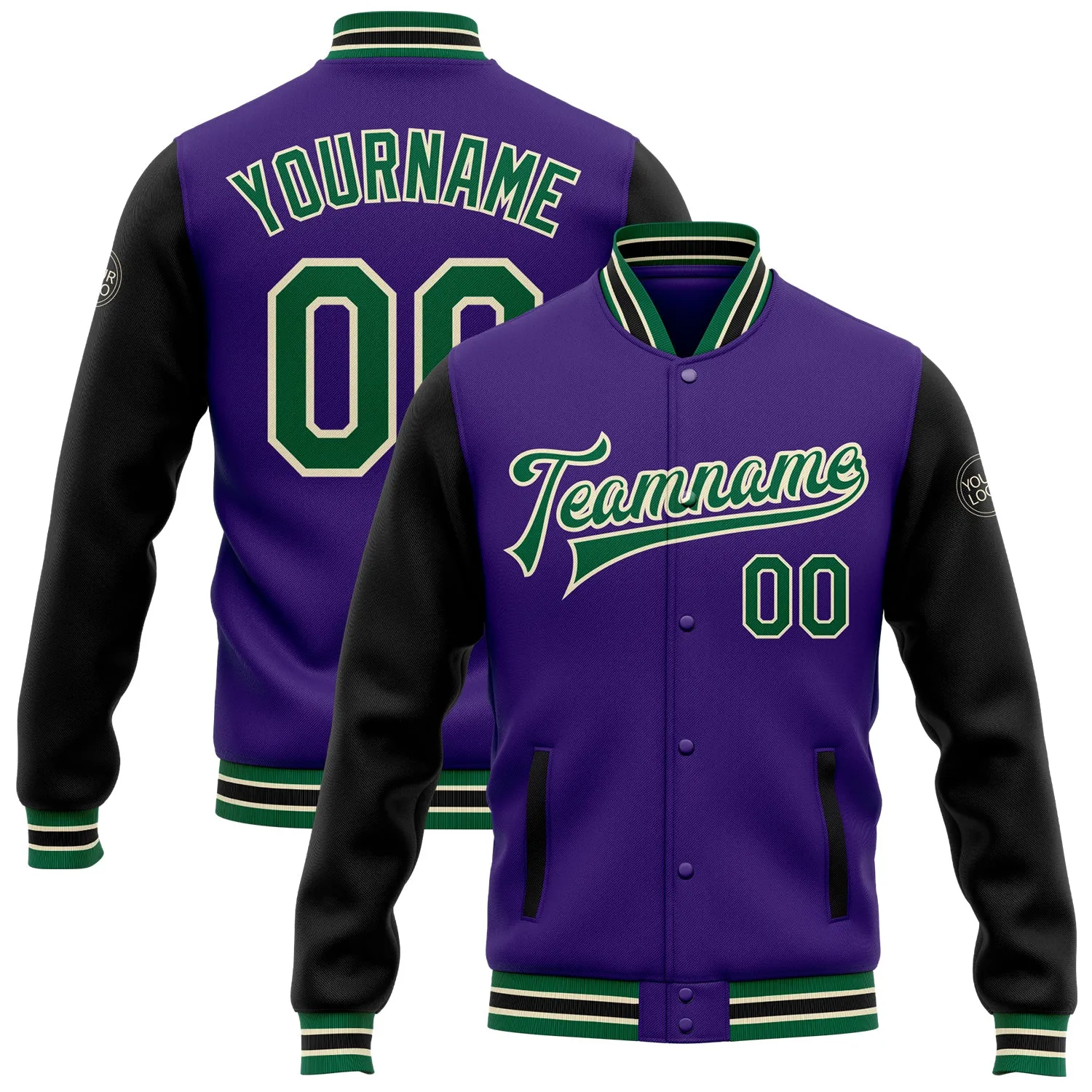 Custom Purple Kelly Green Black-Cream Bomber Full-Snap Varsity Letterman Two Tone Jacket