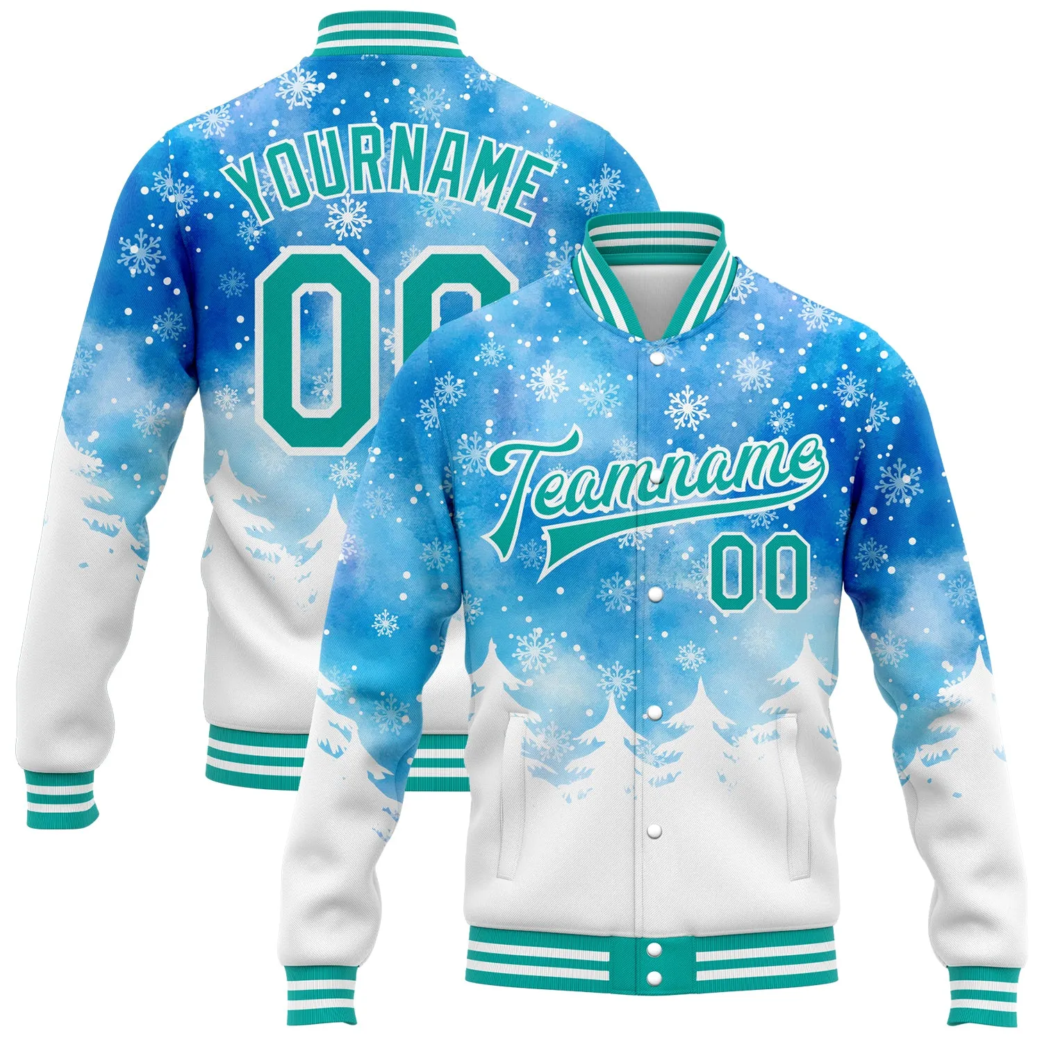 Custom Royal Aqua-White Watercolor Forest Winter Snow Landscape 3D Pattern Design Bomber Full-Snap Varsity Letterman Jacket