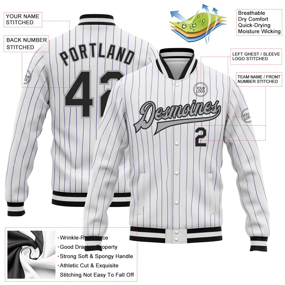 Custom White Purple Pinstripe Black-Gray Bomber Full-Snap Varsity Letterman Jacket