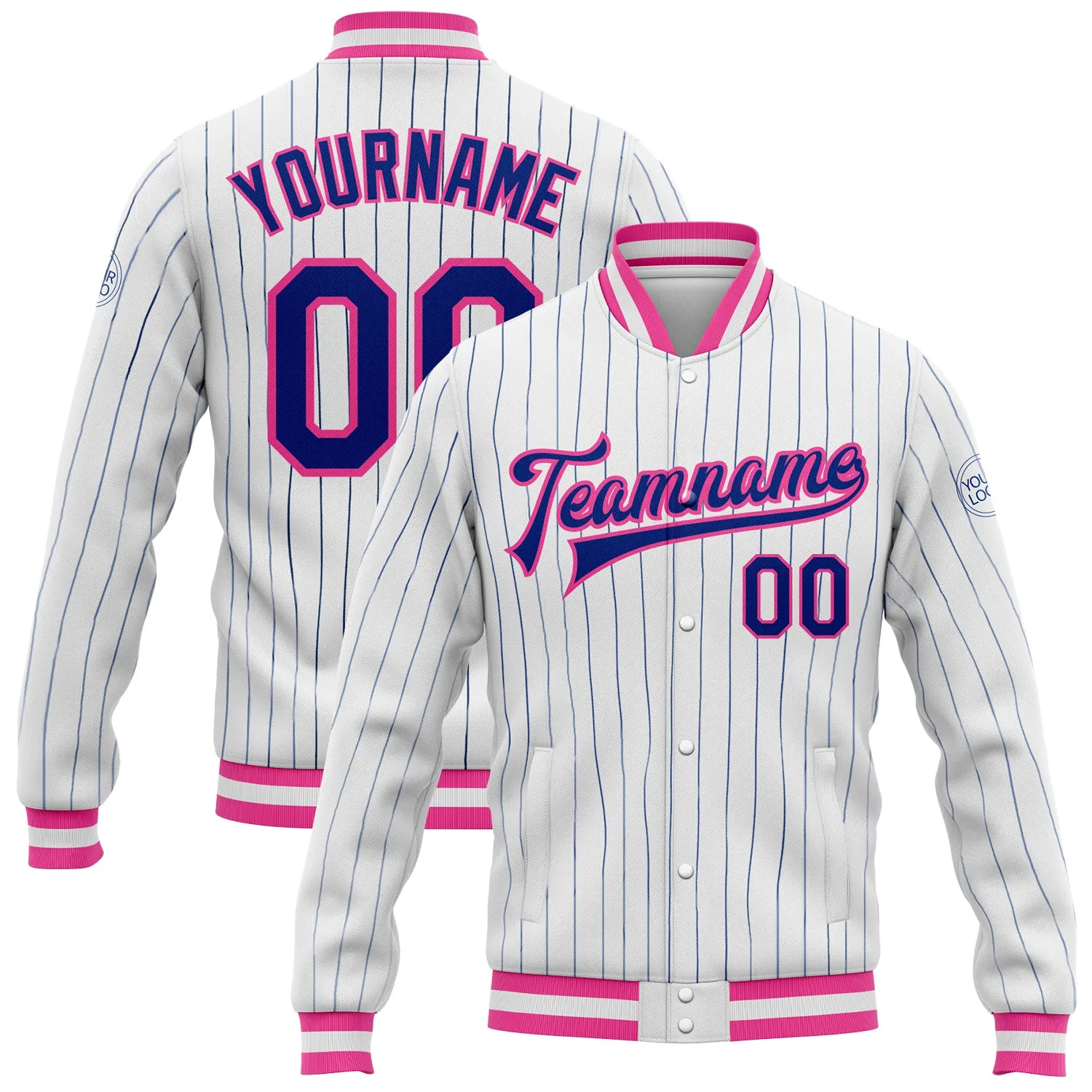 Custom White Royal Pinstripe Pink Bomber Full-Snap Varsity Letterman Jacket