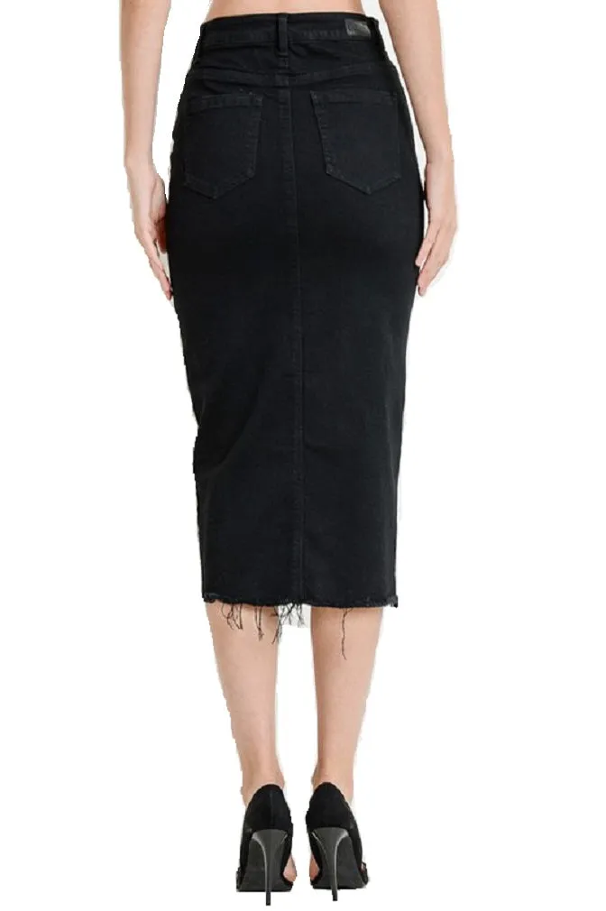 DENIM MIDI HIGH WAIST BOTTOMS UP SKIRT