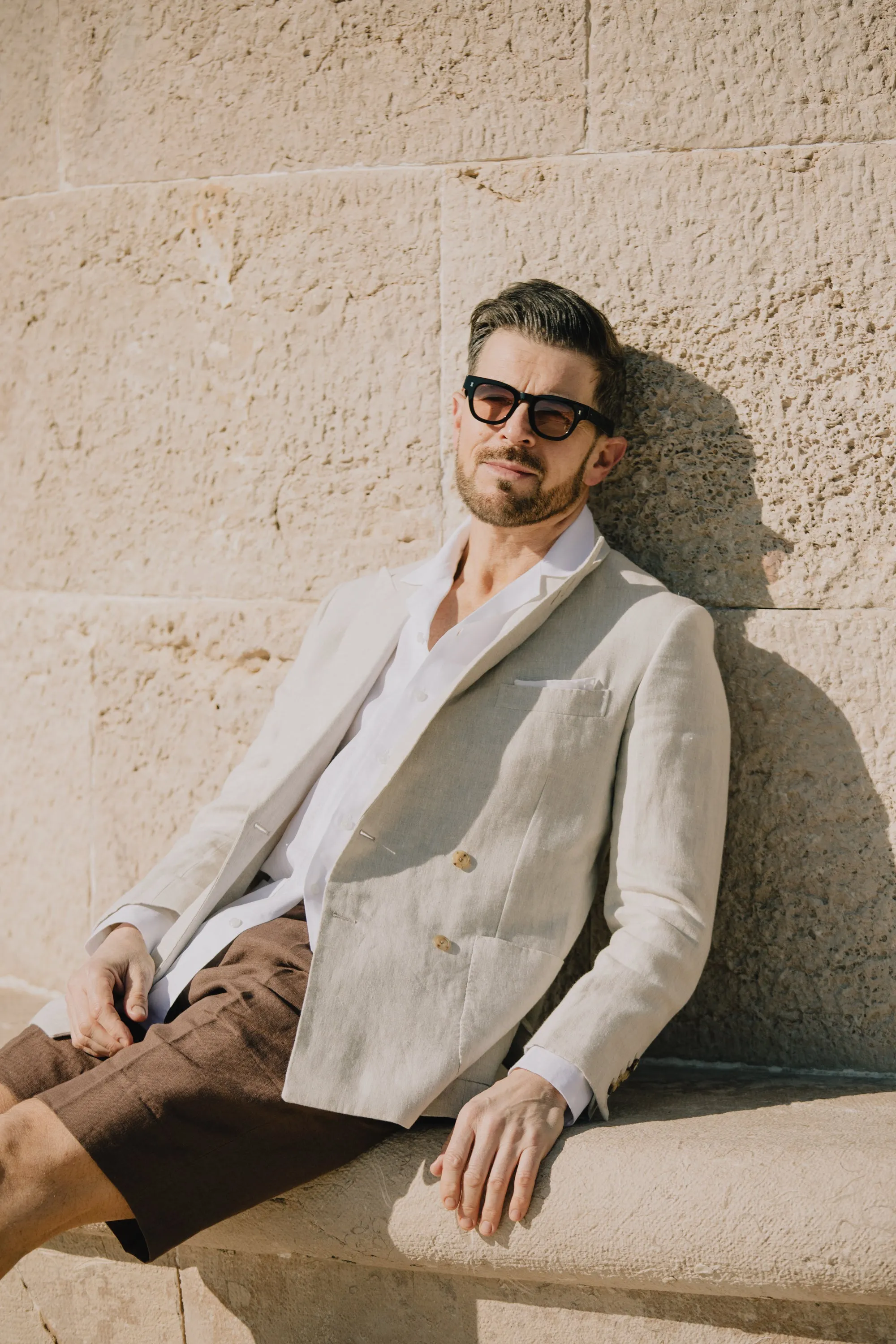 Double Breasted Peak Lapel Jacket in Natural Linen