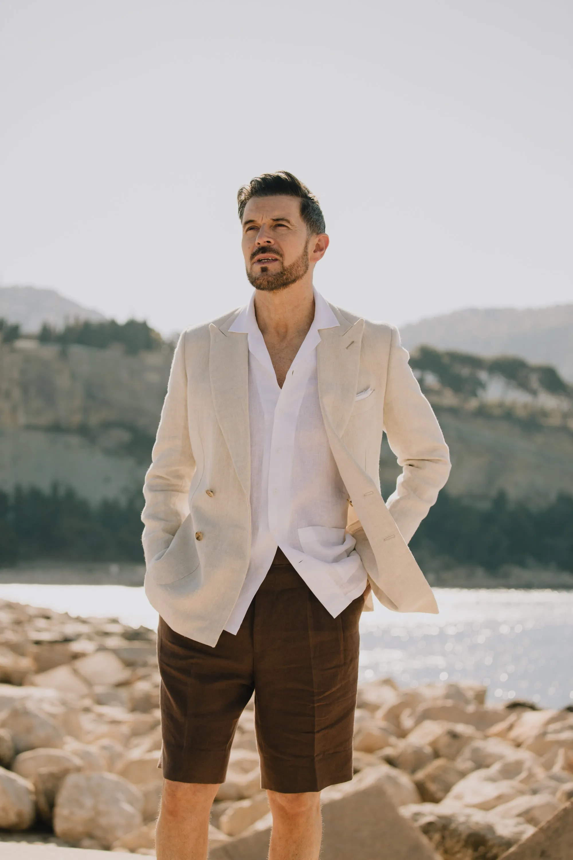 Double Breasted Peak Lapel Jacket in Natural Linen