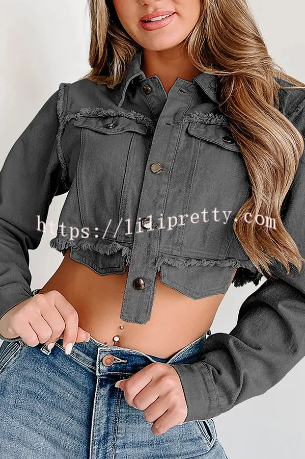 Dramatic Opening Pocket Raw Button Cropped Jacket