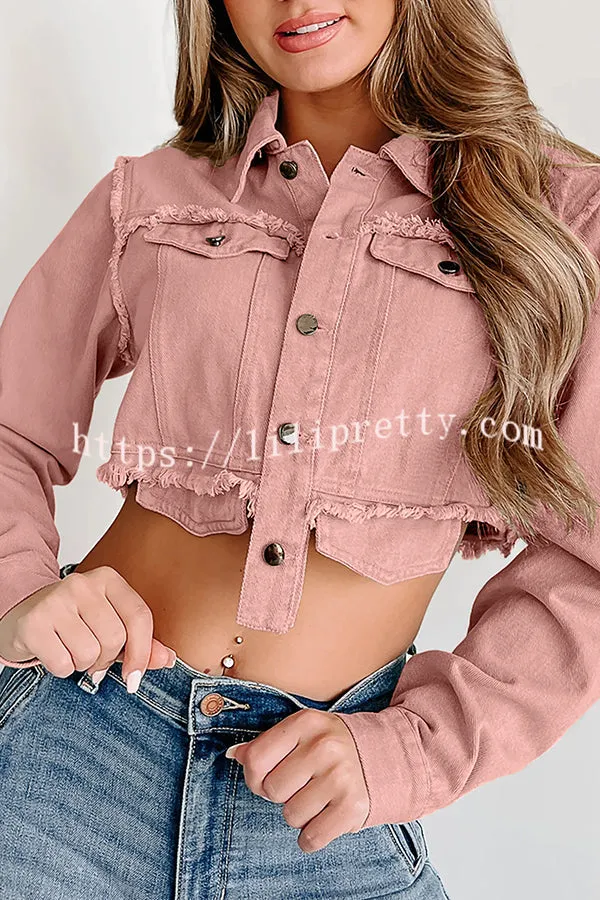 Dramatic Opening Pocket Raw Button Cropped Jacket