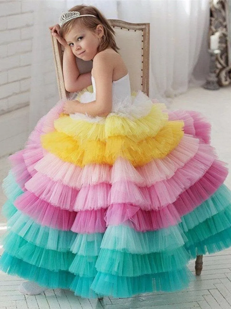 Dreamy Rainbow Princess Dress Colorful Tiered Tutu Dress for Girls Vibrant Tutu for Little Princesses