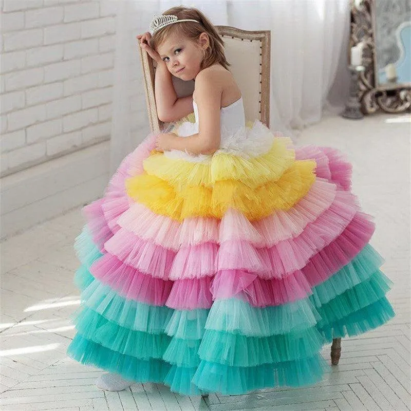 Dreamy Rainbow Princess Dress Colorful Tiered Tutu Dress for Girls Vibrant Tutu for Little Princesses