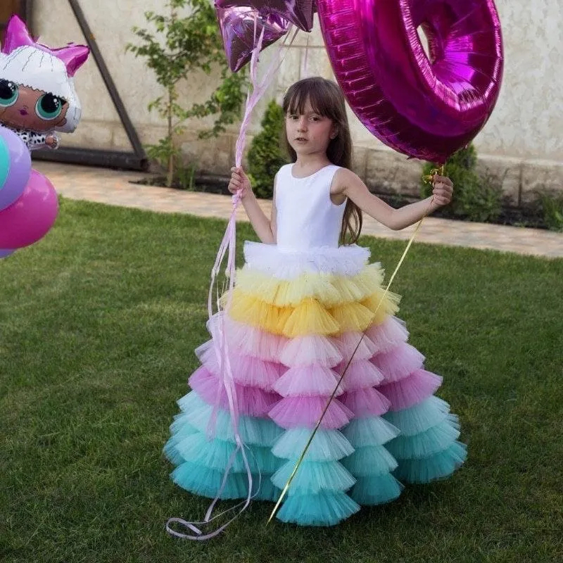 Dreamy Rainbow Princess Dress Colorful Tiered Tutu Dress for Girls Vibrant Tutu for Little Princesses