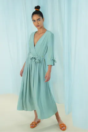 Duck Egg Blue Hand Marbled Silk Wrap Dress - Edward Mongzar