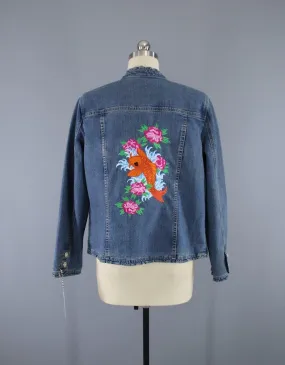 Embroidered Koi Fish Pink Floral Denim Jacket