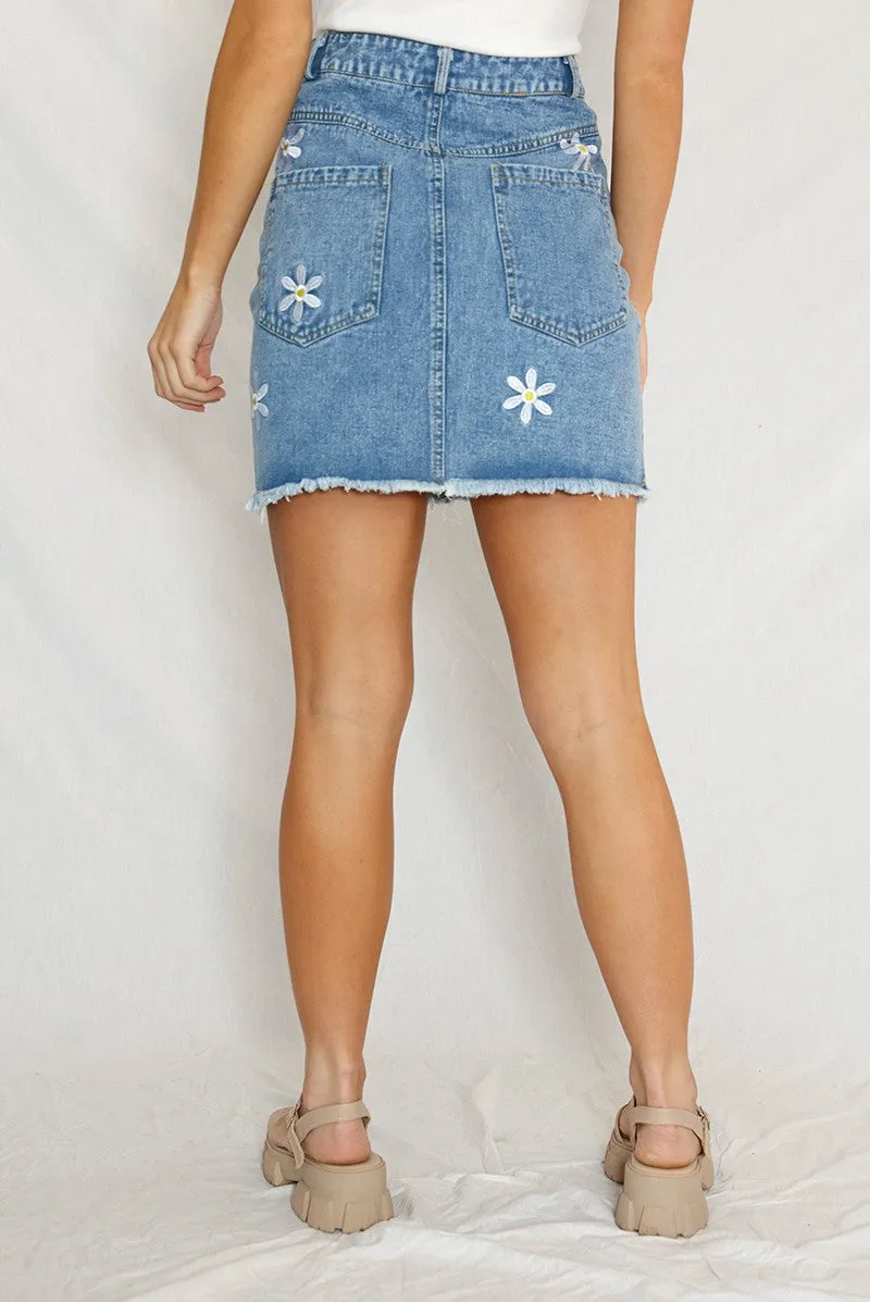 Embroidered Peace Sign Denim Skirt