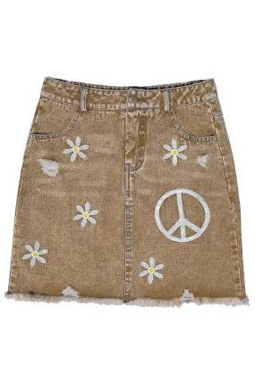 Embroidered Peace Sign Denim Skirt