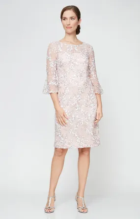 Embroidered Sequin Lace Sheath Dress with Illusion Neckline & 3/4 Bell Sleeves