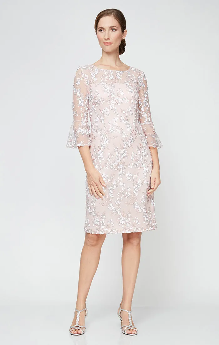 Embroidered Sequin Lace Sheath Dress with Illusion Neckline & 3/4 Bell Sleeves