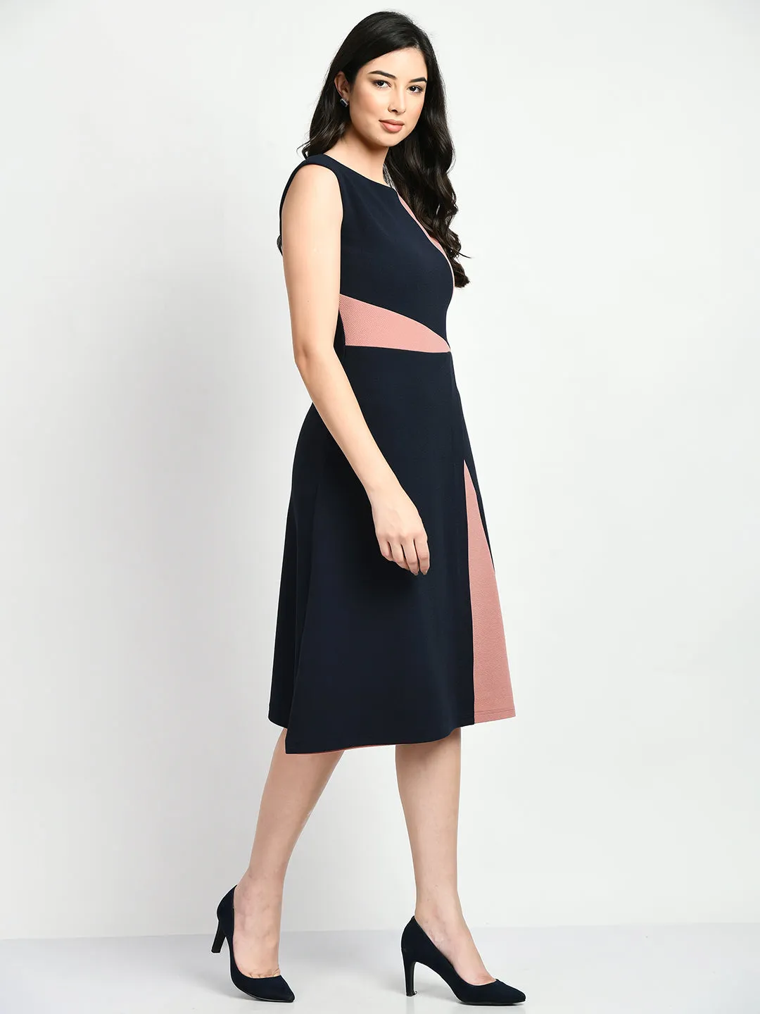 Exude Elegance Colour Blocked A-line Wrap Dress (Navy   Pink)