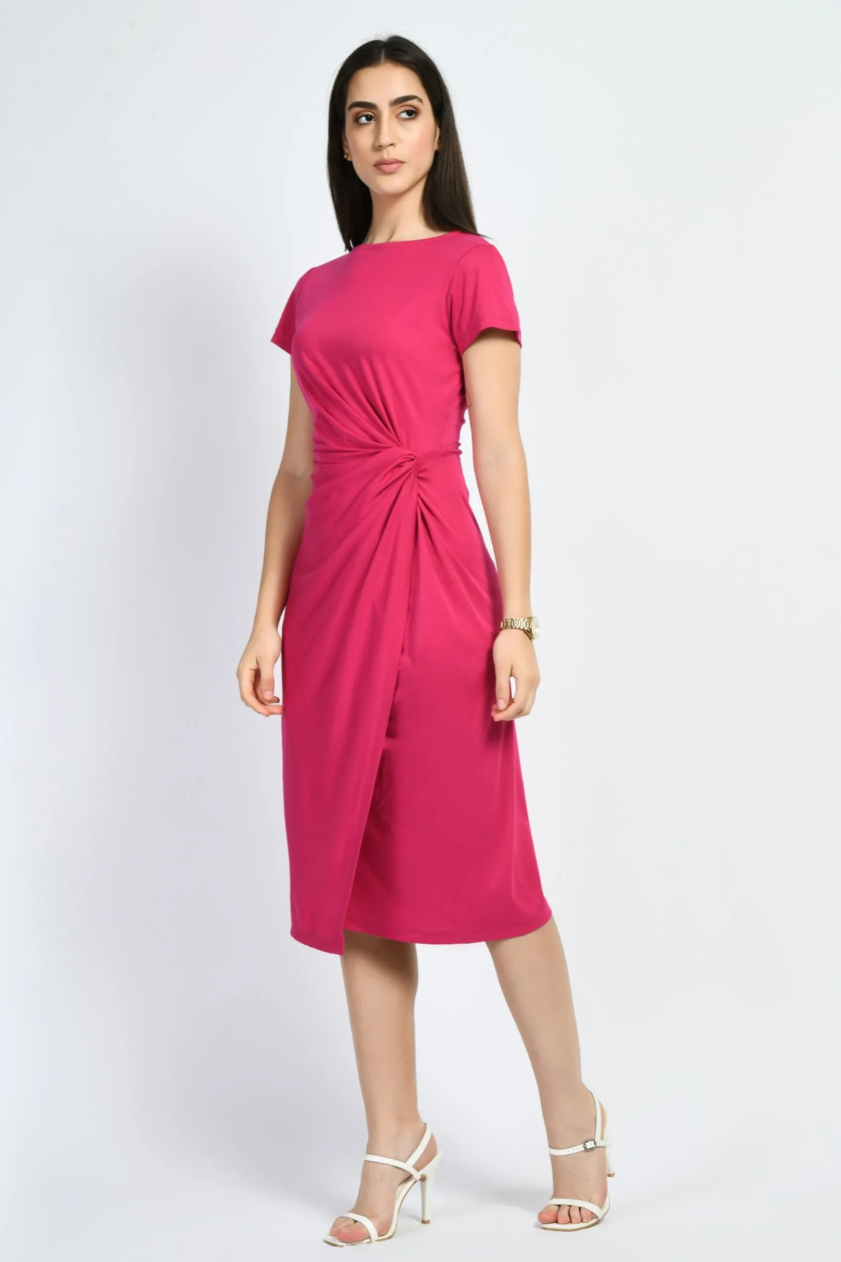 Exude Luminosity Side Knot Wrap Dress (Hot Pink)