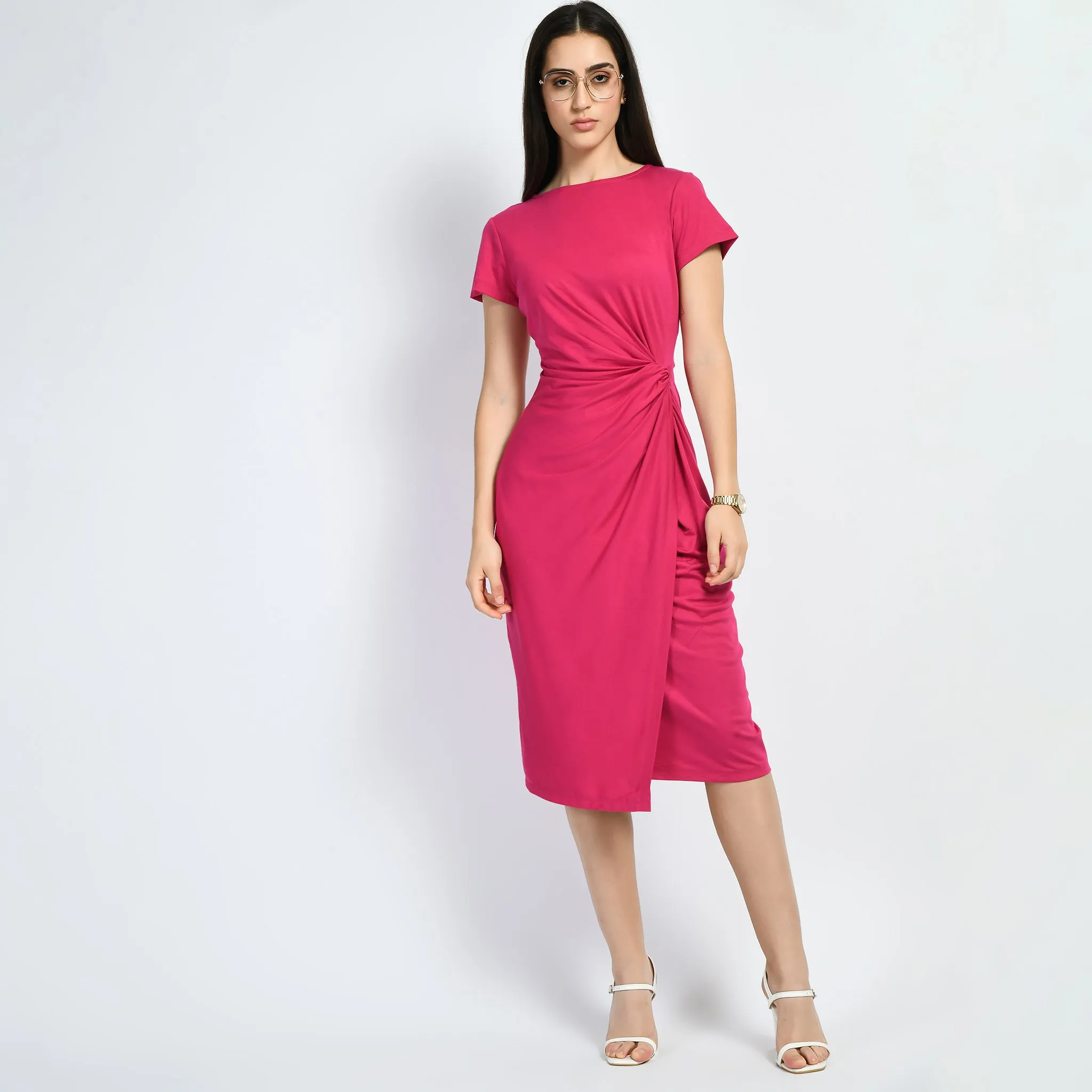 Exude Luminosity Side Knot Wrap Dress (Hot Pink)