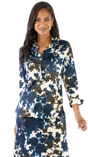 Fall Floral Camicia Blouse - Blue / Brown