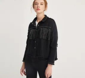 Fringe Beaded Jacket Long Sleeve Frayed Trim Outerwear