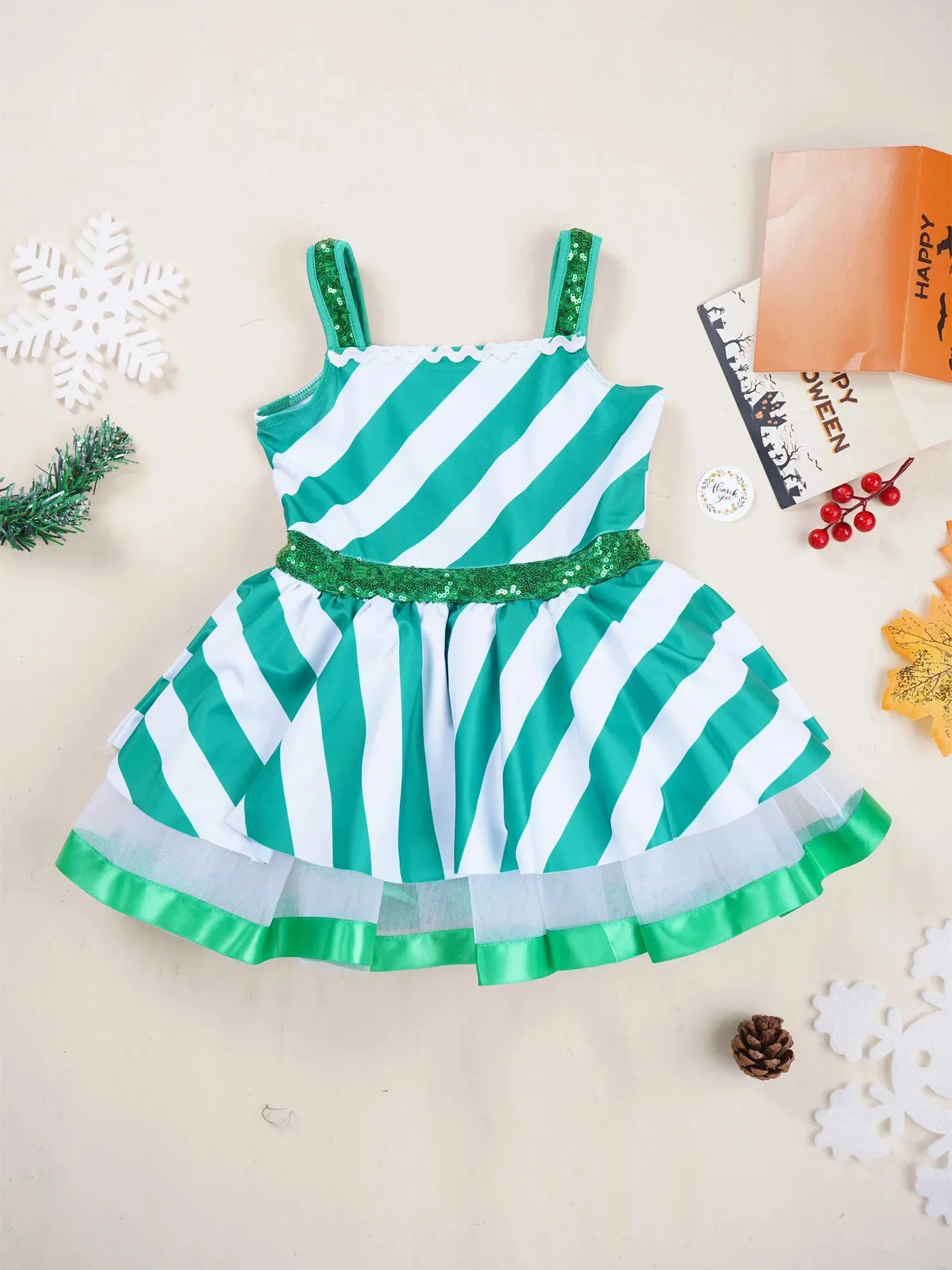 Girls Ballerina Costumes Sequins Striped Baton Twirling Leotard Dress