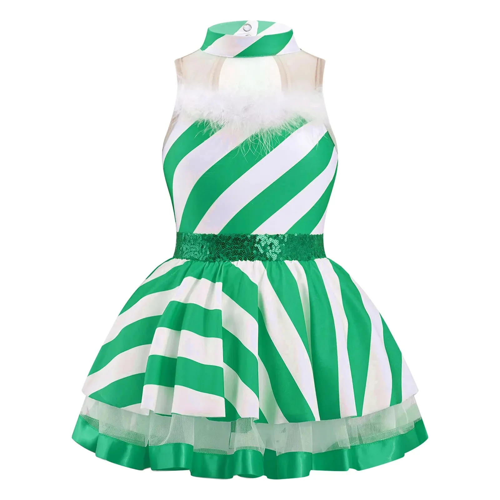 Girls Ballerina Costumes Sequins Striped Baton Twirling Leotard Dress