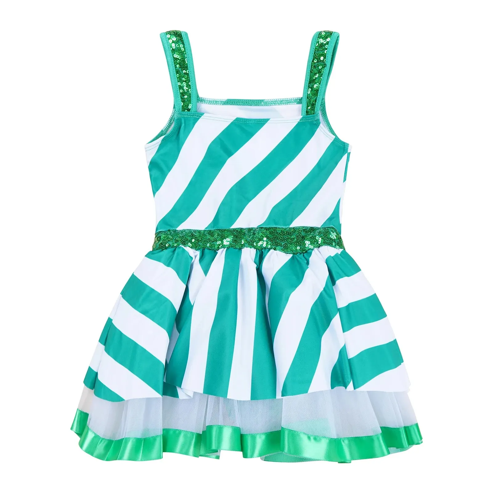 Girls Ballerina Costumes Sequins Striped Baton Twirling Leotard Dress