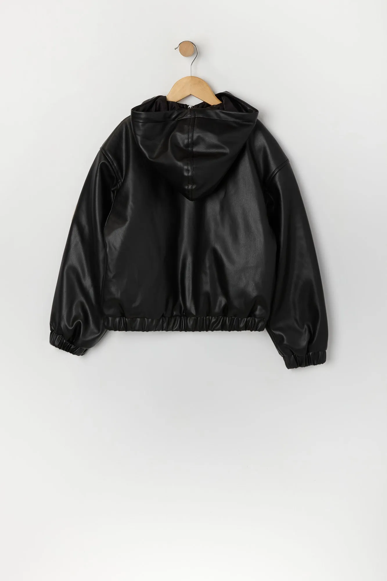 Girls Faux Leather Hooded Bomber Jacket