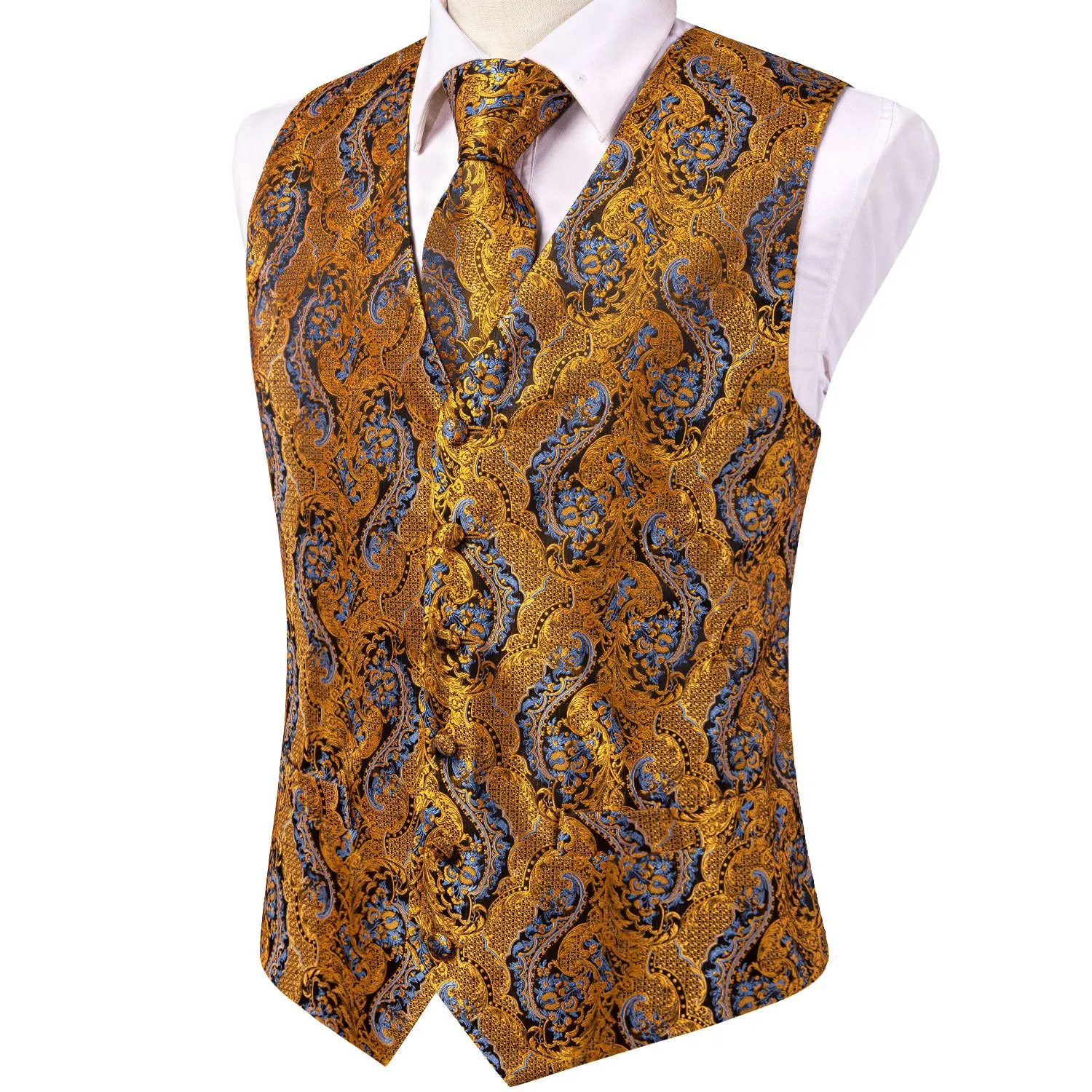 Golden Brown Paisley Silk Men's Vest Hanky Cufflinks Tie Set Waistcoat Suit Set