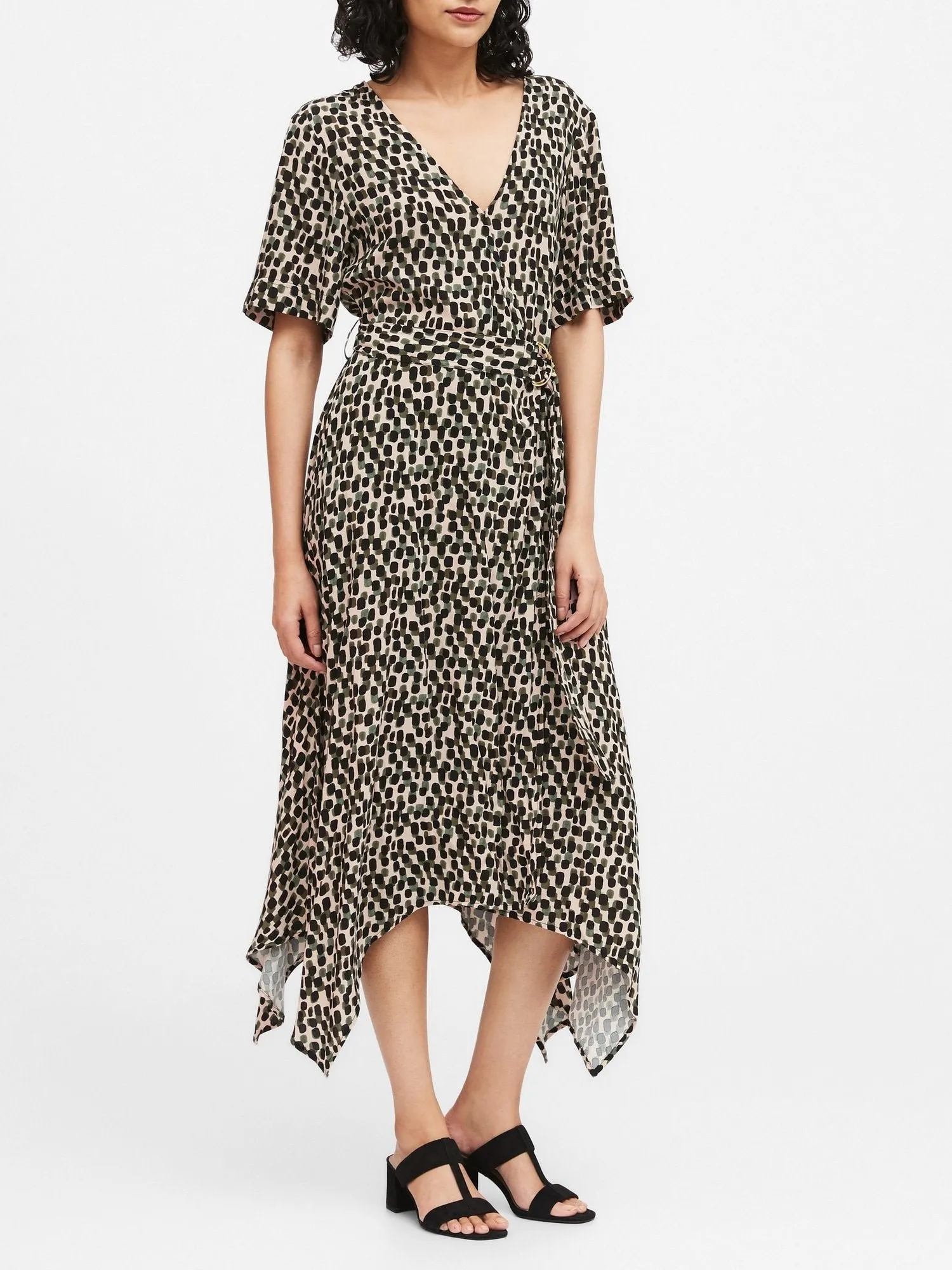 Handkerchief-Hem Wrap Dress In Sandy Beige Dot