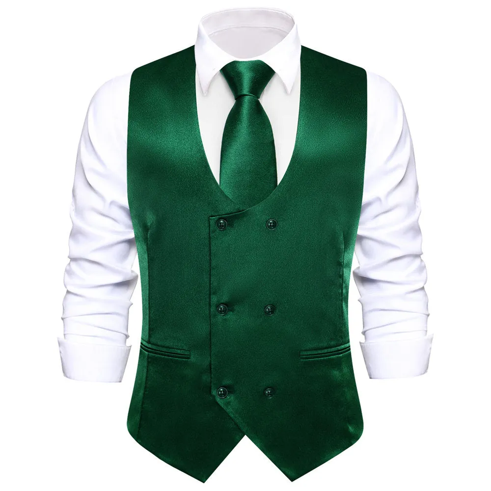 Hi-Tie Dark Green Solid U-Neck Double-Breasted Vest Set