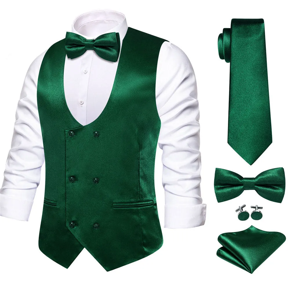 Hi-Tie Dark Green Solid U-Neck Double-Breasted Vest Set