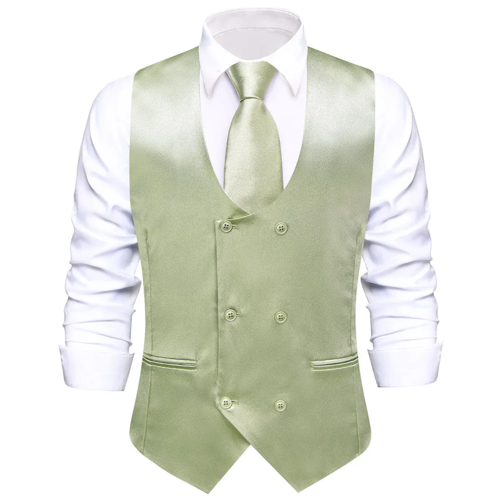 Hi-Tie Laurel Green Solid U-Neck Double-Breasted Vest Set