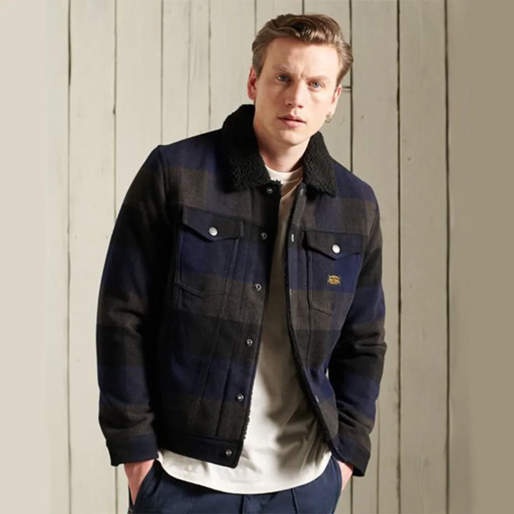 Highwayman Wool Sherpa Trucker Jacket (Navy Check)