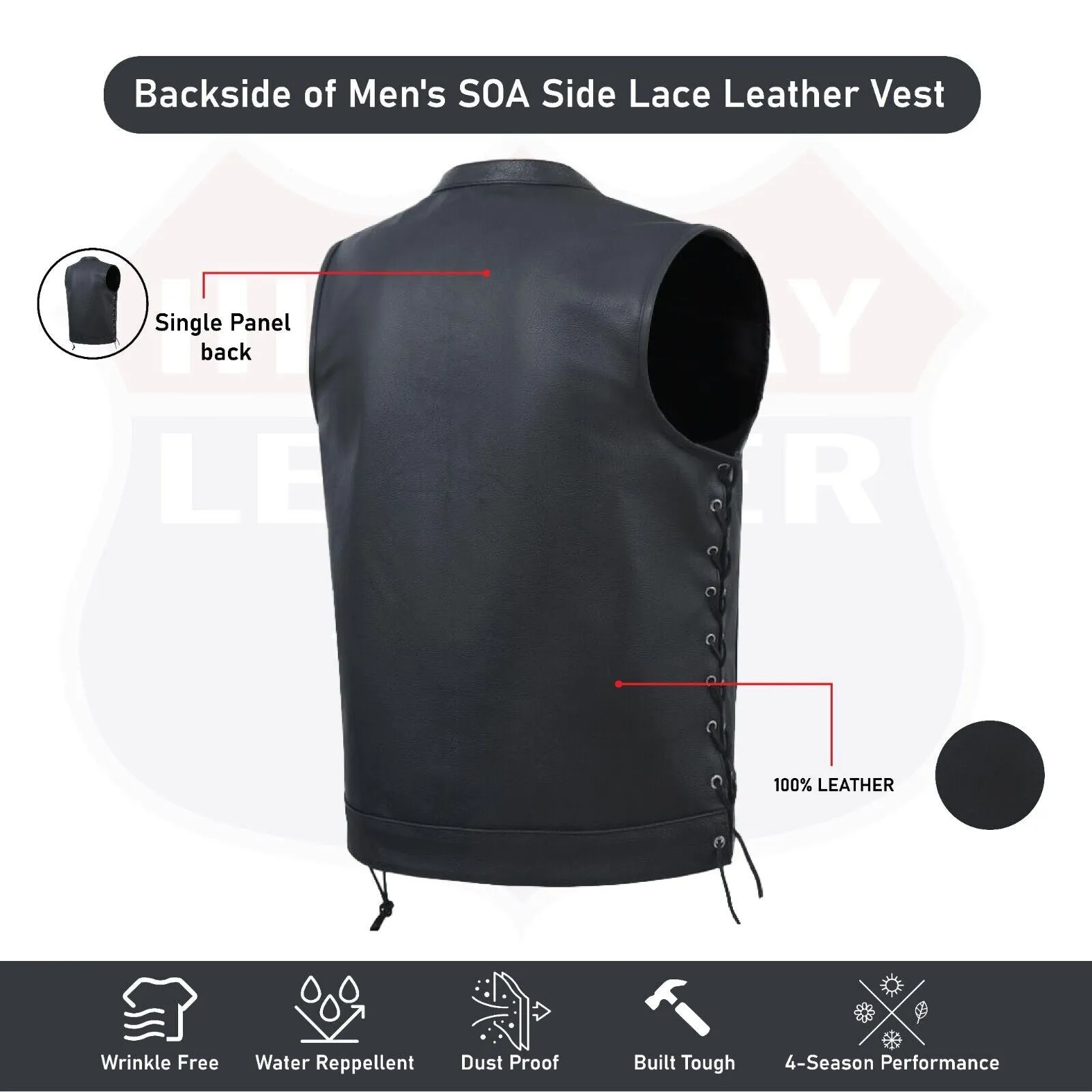 HL11685SPT SOA Men's Leather Vest Anarchy Motorcycle Club Concealed Carry Side Lace