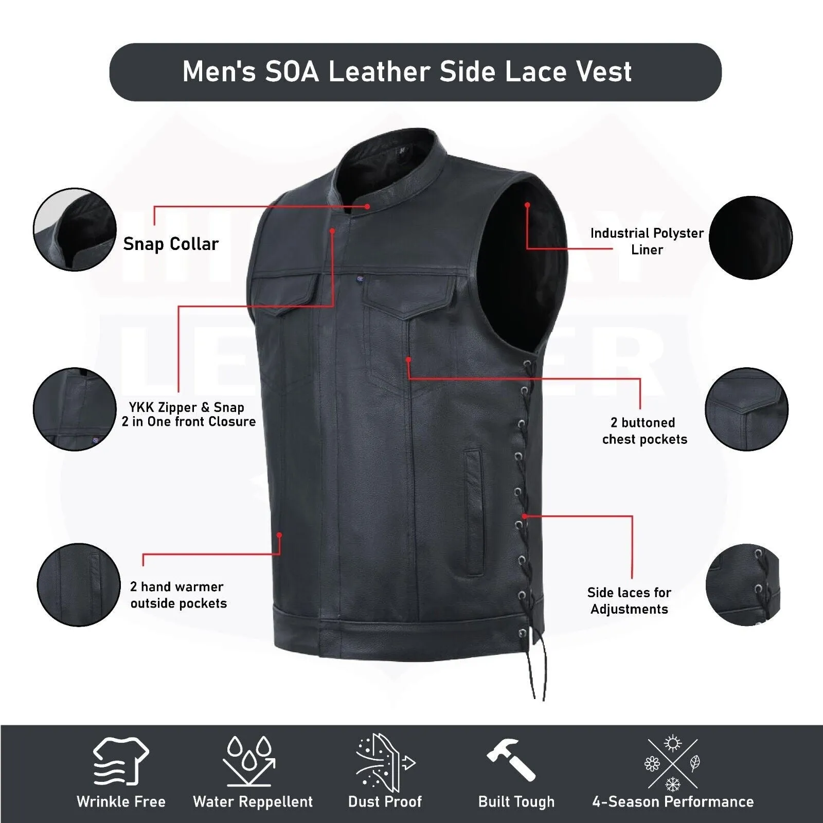 HL11685SPT SOA Men's Leather Vest Anarchy Motorcycle Club Concealed Carry Side Lace