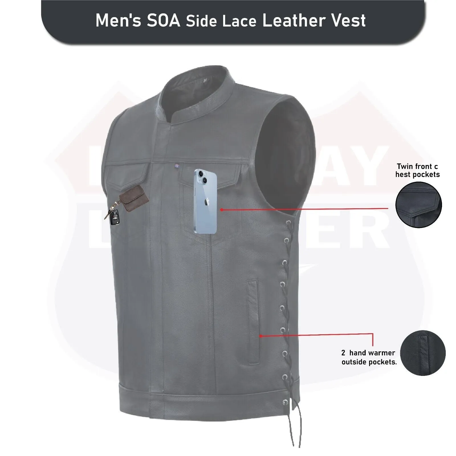 HL11685SPT SOA Men's Leather Vest Anarchy Motorcycle Club Concealed Carry Side Lace