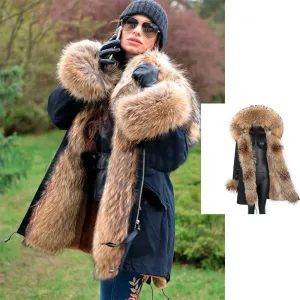 Hooded Rabbit Fur Waterproof Parkas with Real Raccoon & Fox Fur Placket