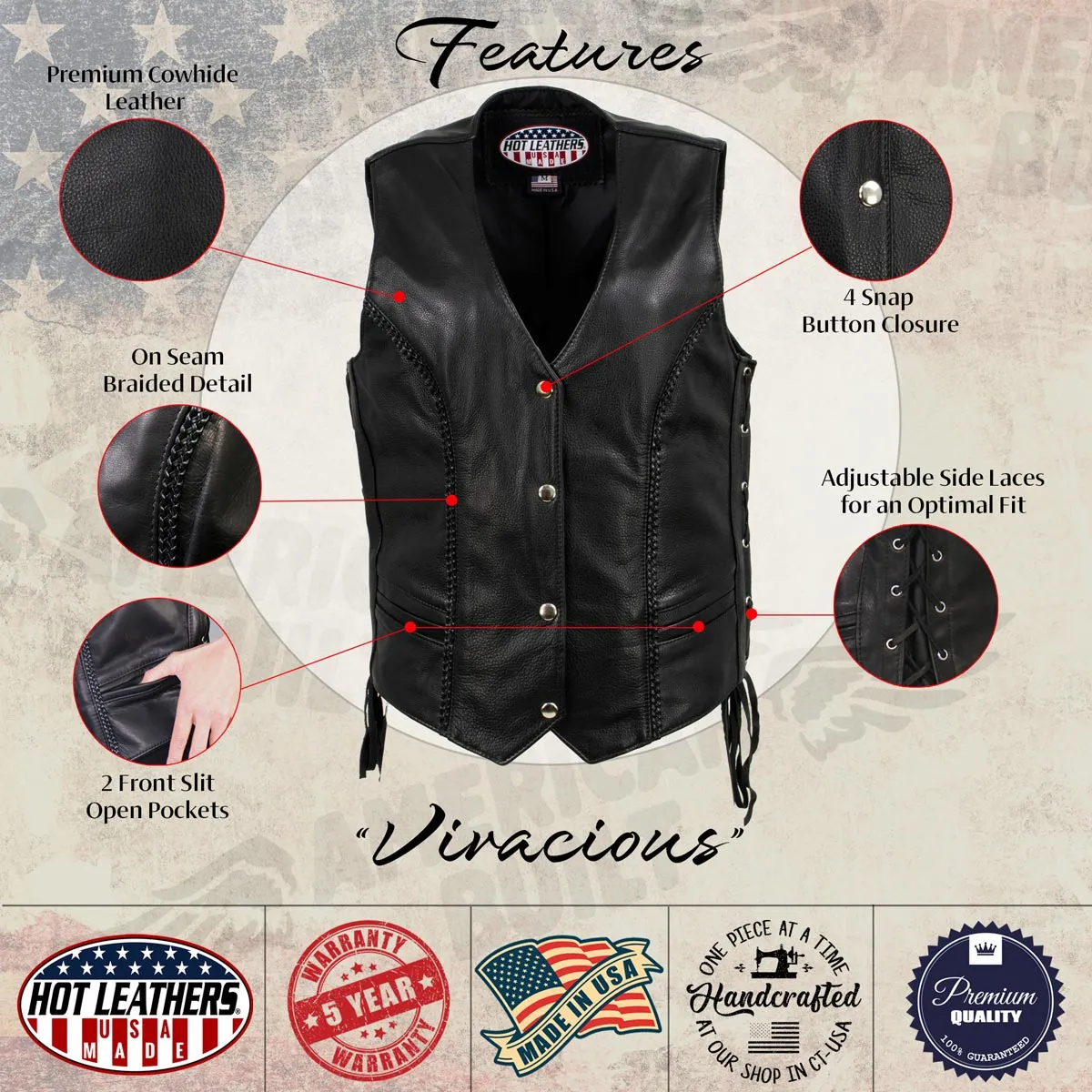 Hot Leathers VSL5001 USA Made Women's 'Vivacious' Black Braided Motorcycle Leather Vest