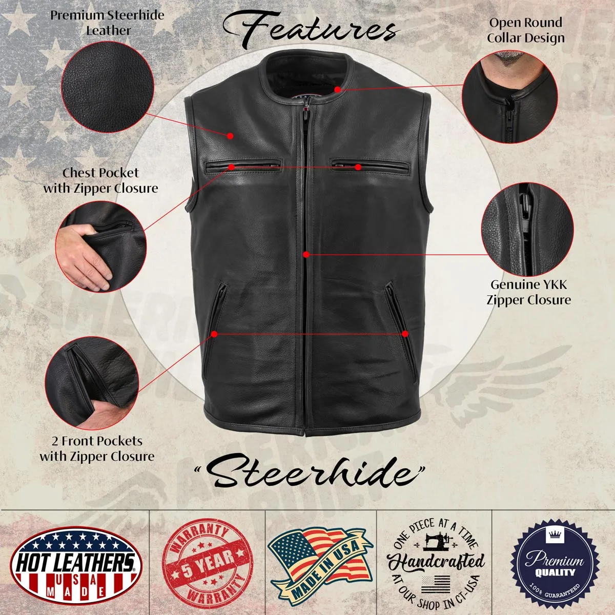 Hot Leathers VSM5001 USA Made Men's 'Steerhide' Black Premium Leather Club Style Vest