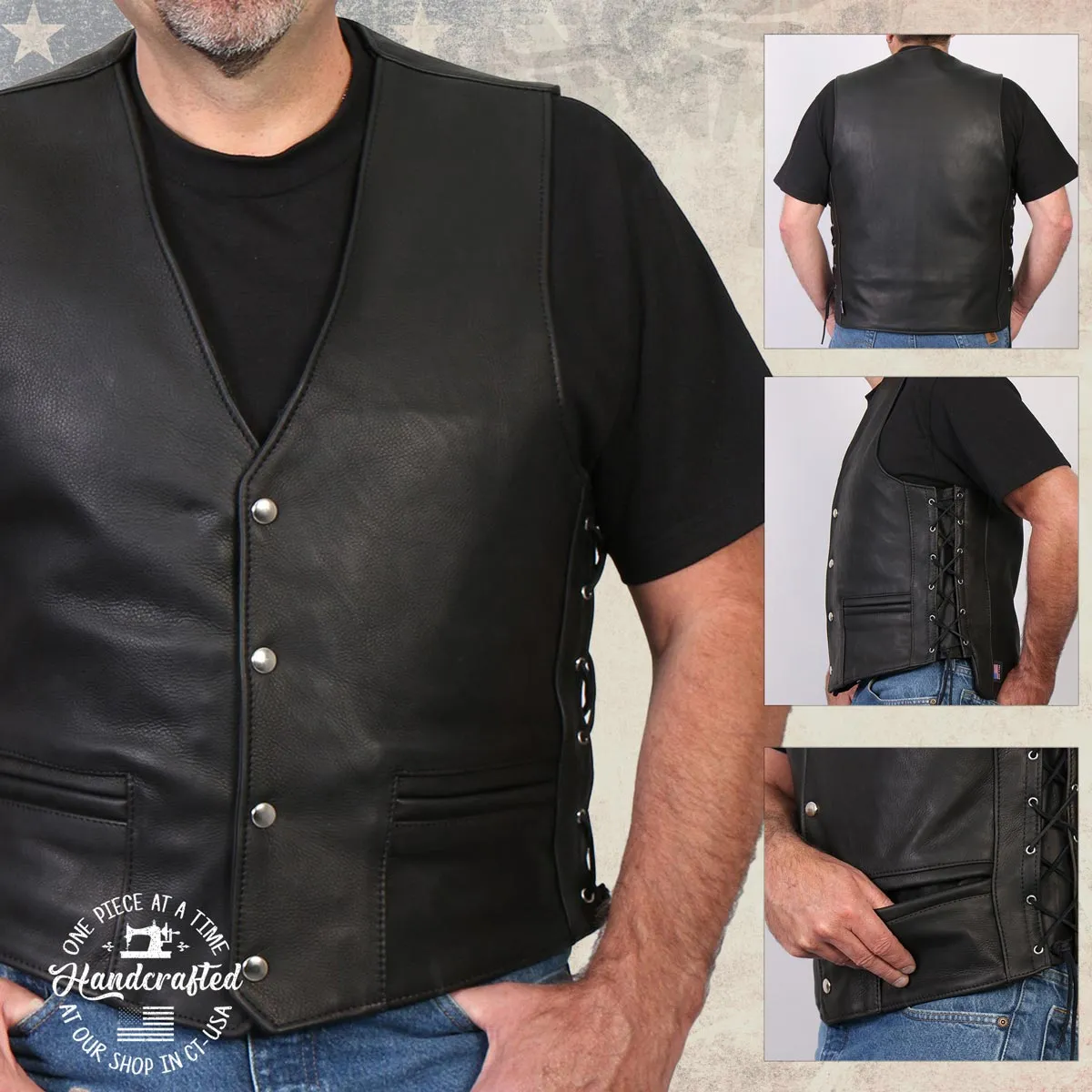 Hot Leathers VSM5003 USA Made Men's 'Gaucho' Black Extra Long Back Premium Steerhide Leather Vest